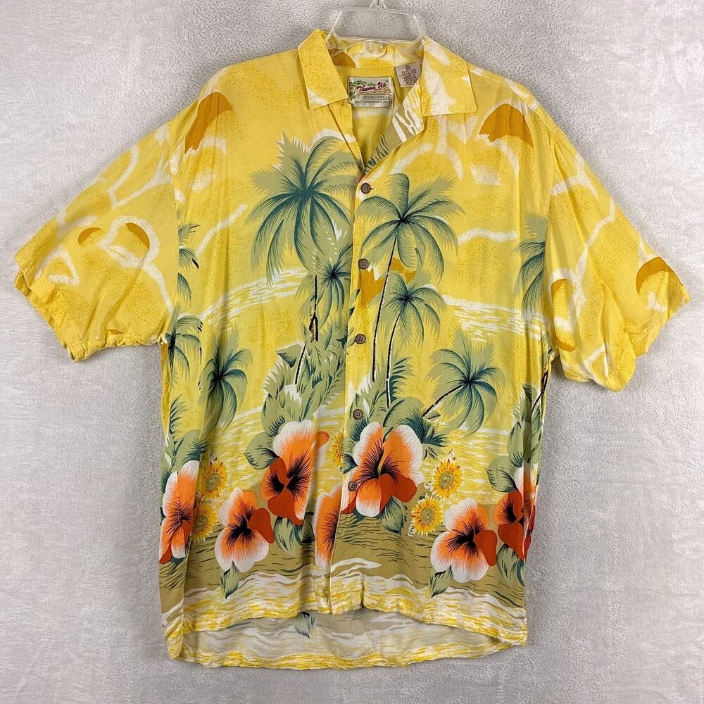VTG Thums Up Shirt Mens XL Yellow Floral Rayon Preppy Hawaiian Aloha 70s 80s
